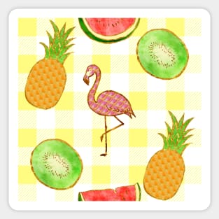 flamingo,  yellow, square, pineapple, banana, yellow, orange, juicy, fruit, glitter, gold, summer, pattern, funny, sunny Sticker